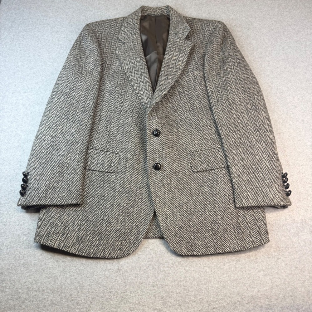 Harris Tweed Mens Grey Herringbone Wool Blazer Sport Coat Handwoven USA Made